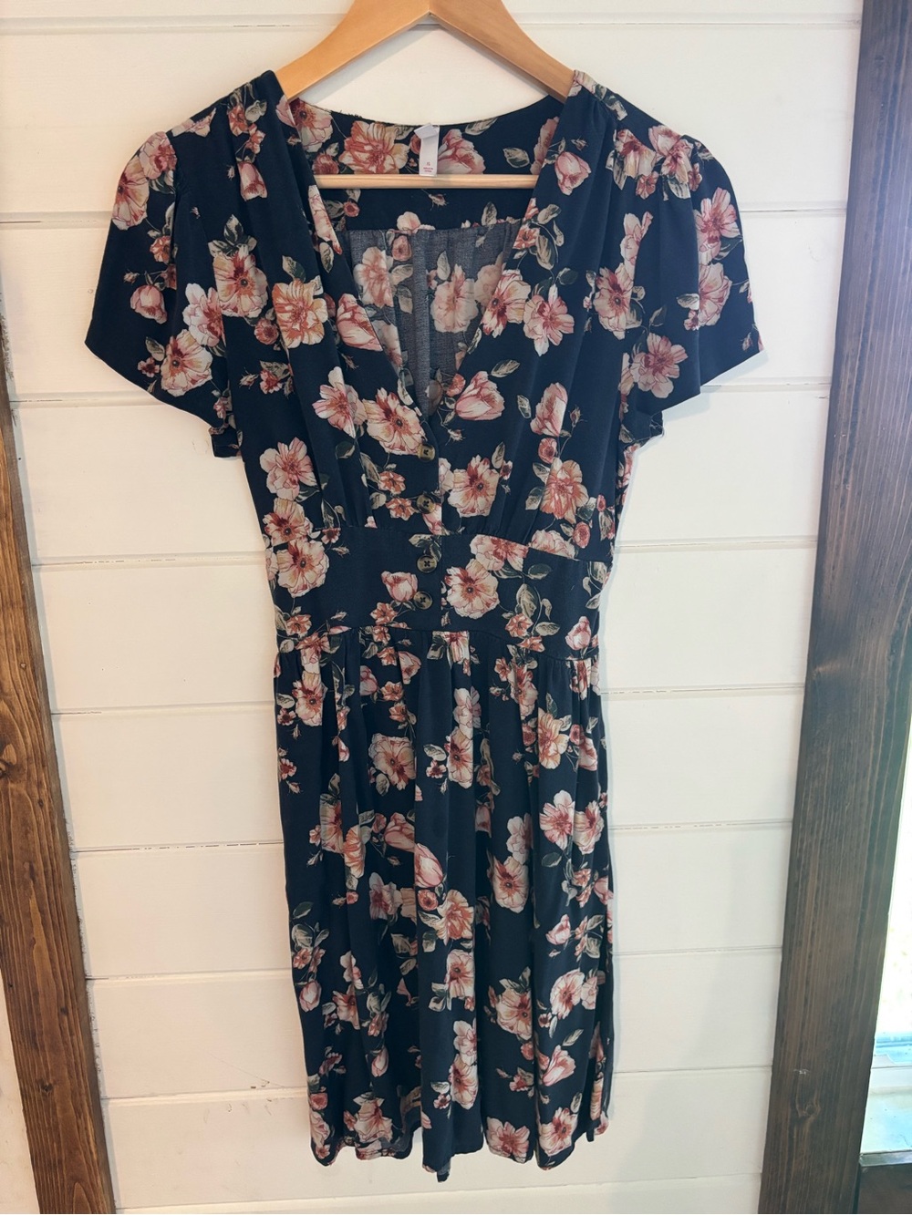 Xhilaration Black Midi Dress with Pink Floral Print